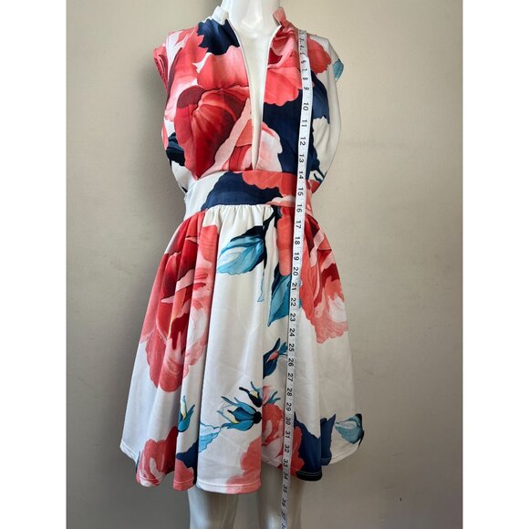 Akira Chicago Fit Flare Dress High Neck Floral Print Sleeveless White Red Small - Picture 4 of 7